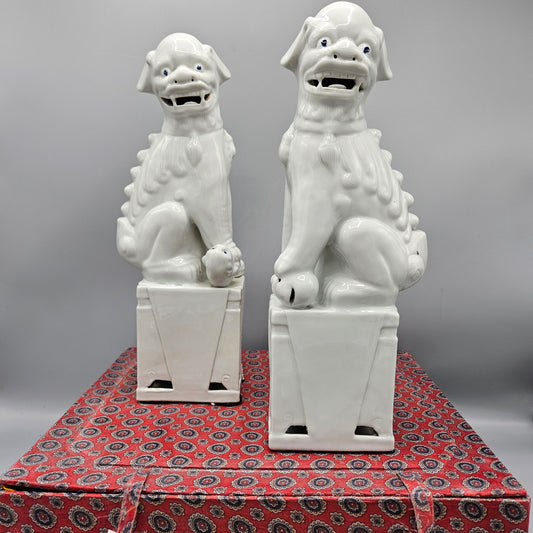 Pair Blanc de Chine White Chinese Porcelain Guardian Lion "Foo Dogs" with Fitted Case