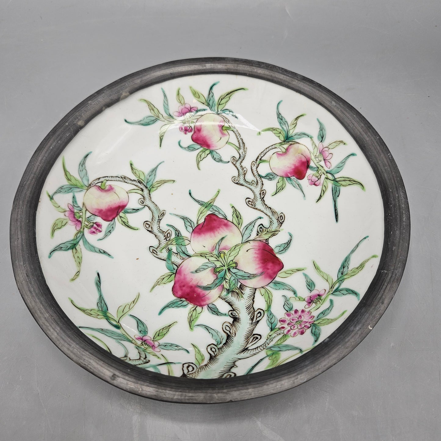 Pewter Clad Hong Kong Decorated Japanese Porcelain Bowl with Peaches