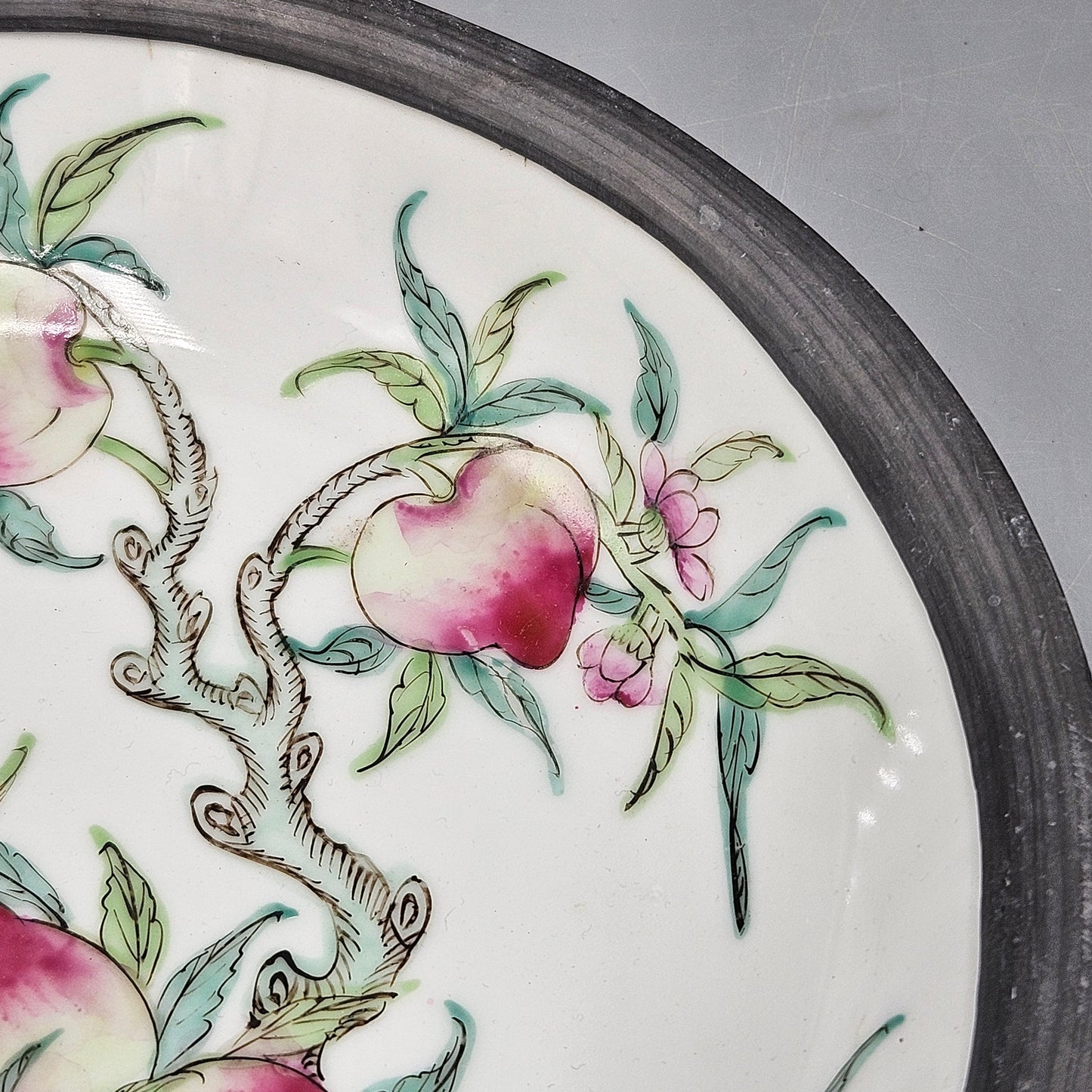 Pewter Clad Hong Kong Decorated Japanese Porcelain Bowl with Peaches