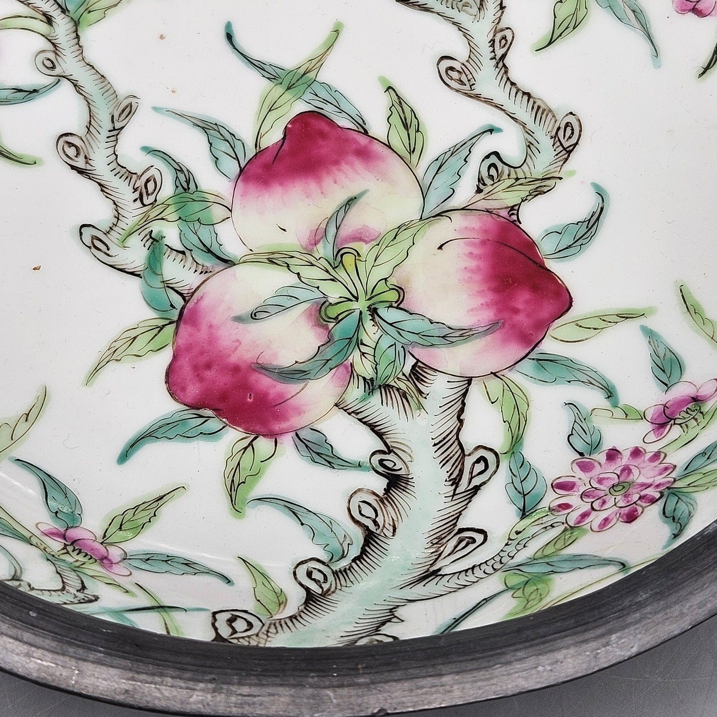 Pewter Clad Hong Kong Decorated Japanese Porcelain Bowl with Peaches