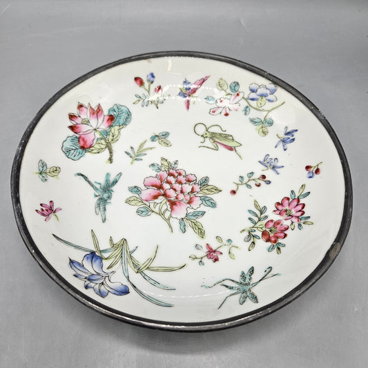 Pewter Clad Hong Kong Decorated Japanese Porcelain Bowl with Flowers