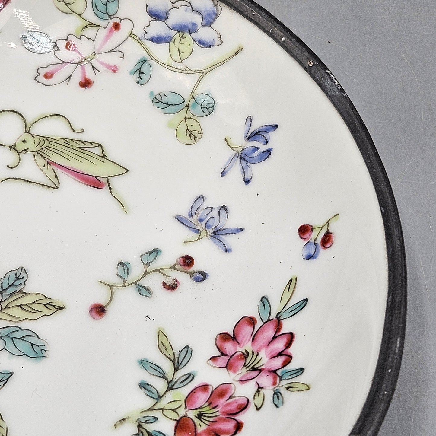 Pewter Clad Hong Kong Decorated Japanese Porcelain Bowl with Flowers