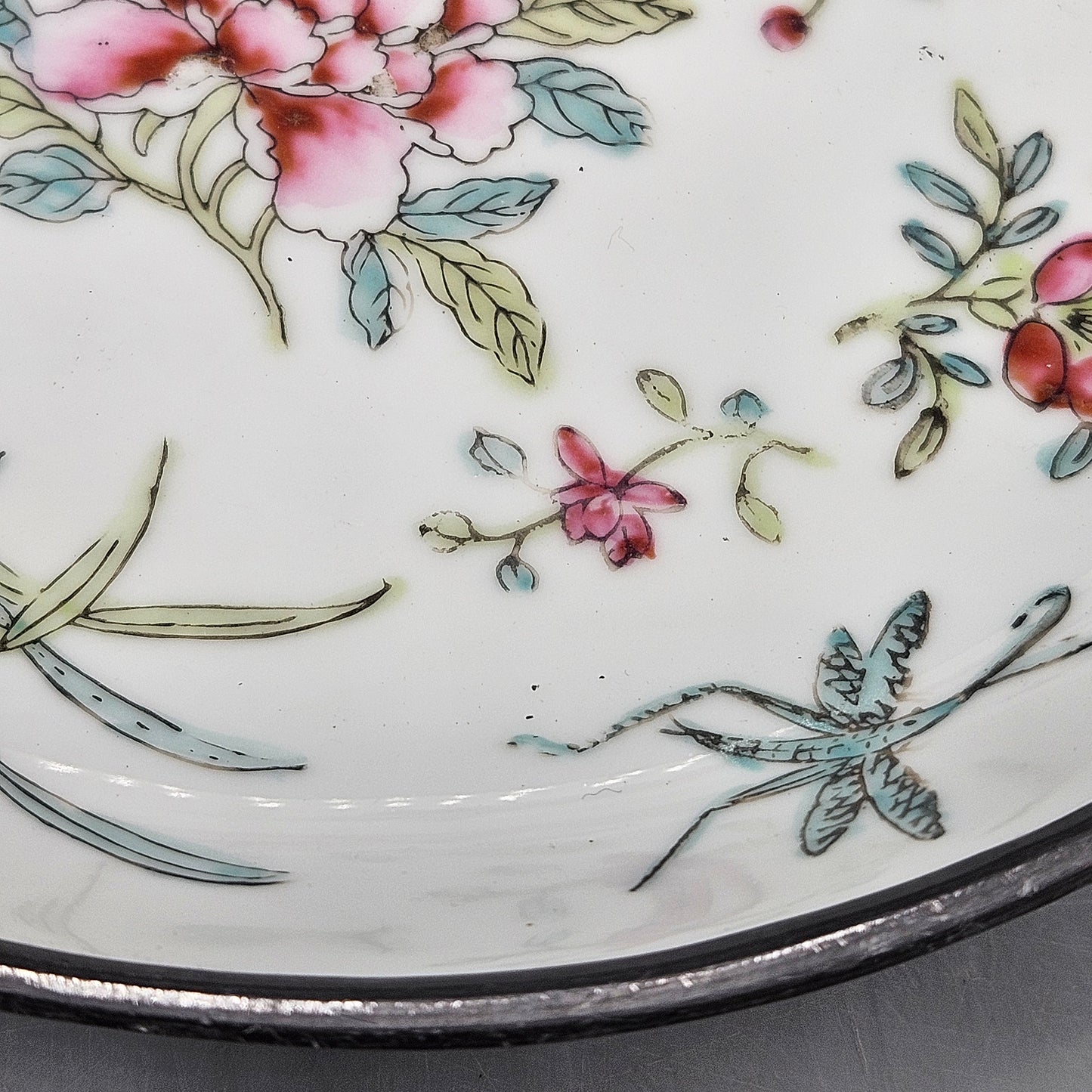 Pewter Clad Hong Kong Decorated Japanese Porcelain Bowl with Flowers