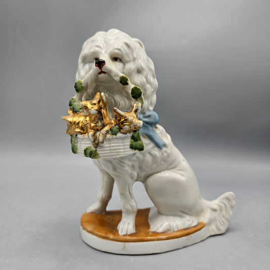 Staffordshire Porcelain Poodle Mantle Dog With Basket of Flowers