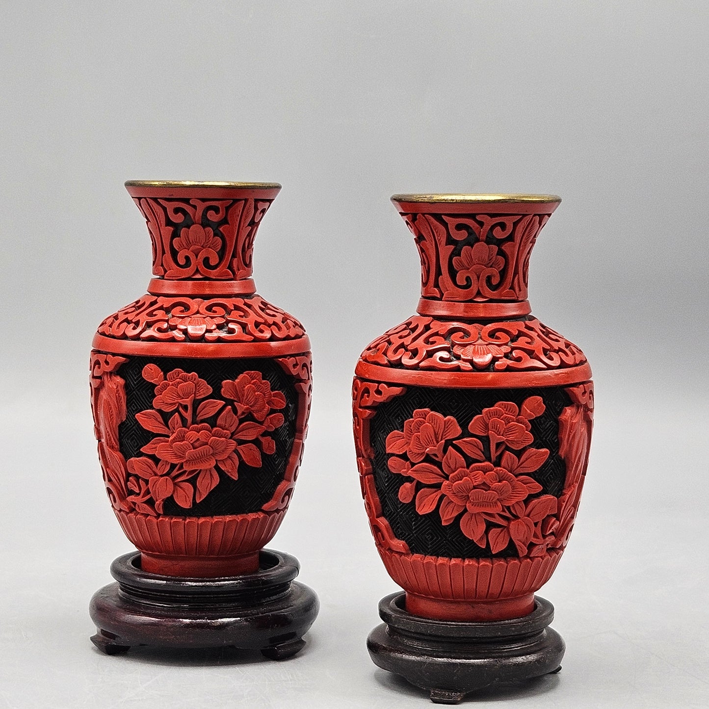 Pair Carved Chinese Cinnabar Vases