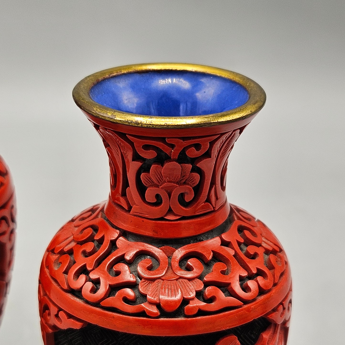 Pair Carved Chinese Cinnabar Vases