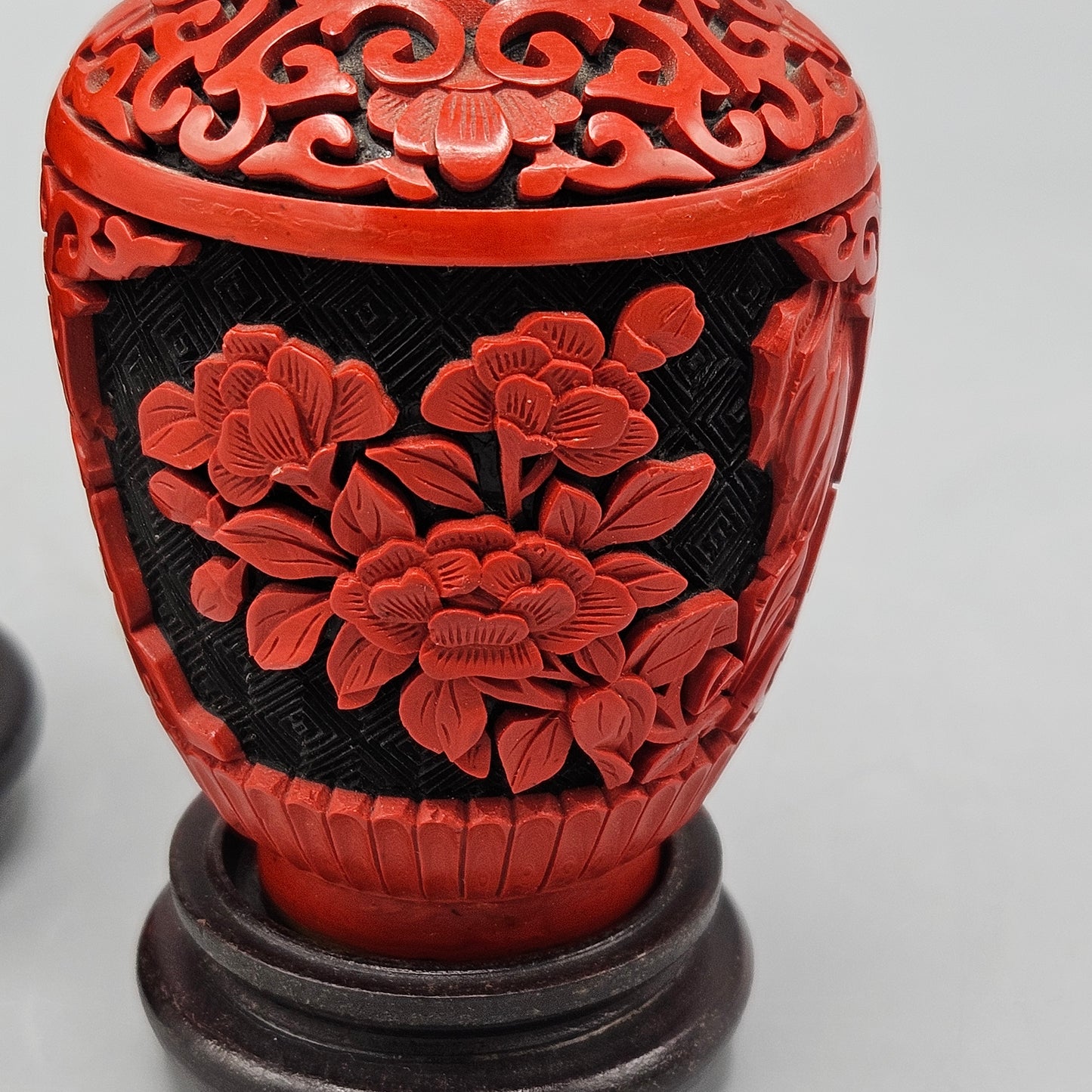 Pair Carved Chinese Cinnabar Vases