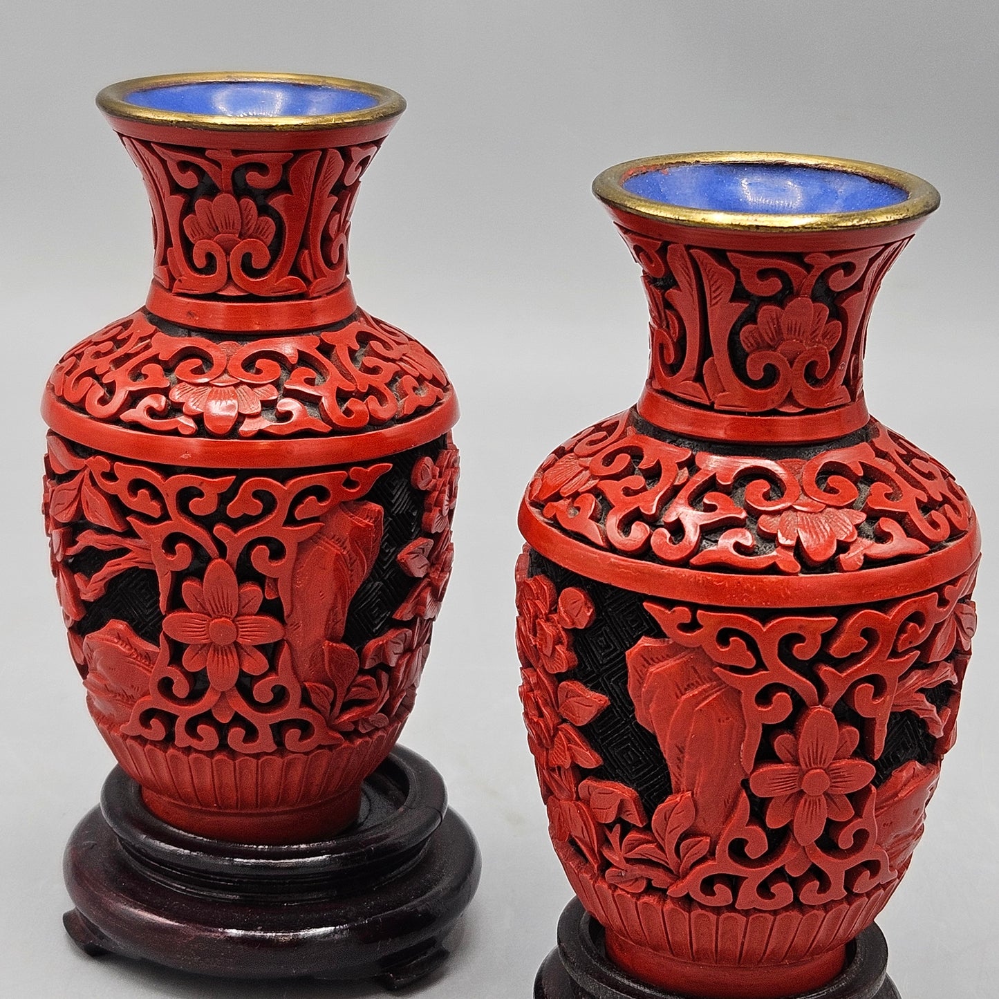 Pair Carved Chinese Cinnabar Vases