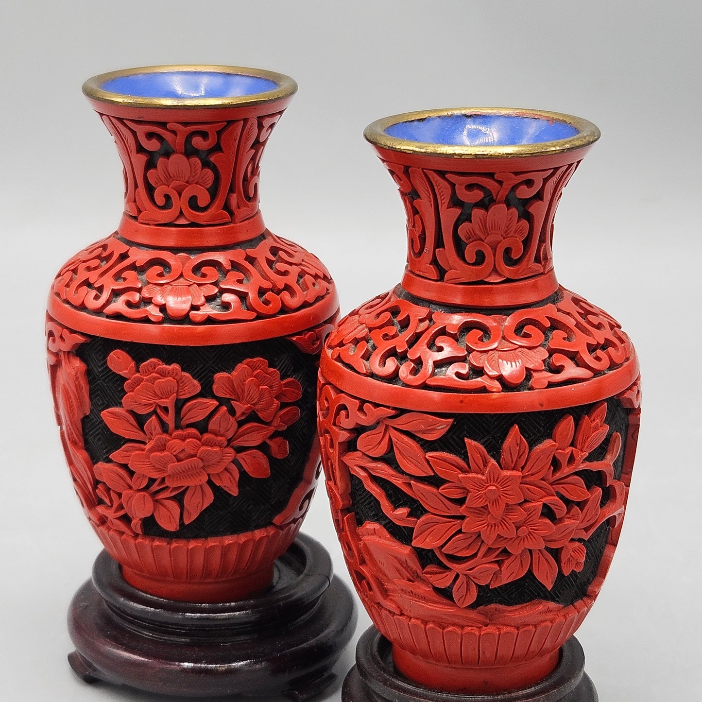 Pair Carved Chinese Cinnabar Vases