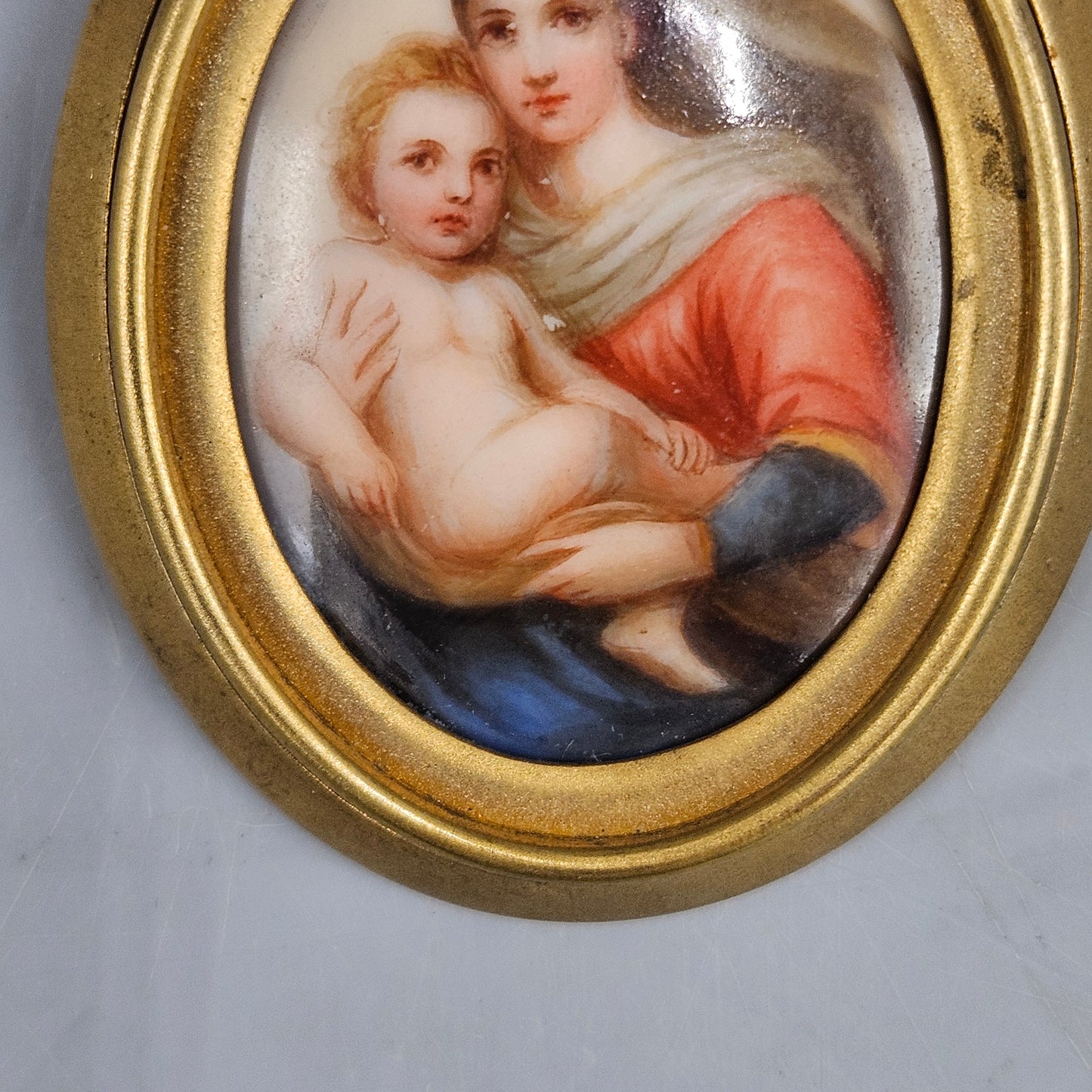 Miniature Painting on Porcelain After Raphael "Sistine Madonna"