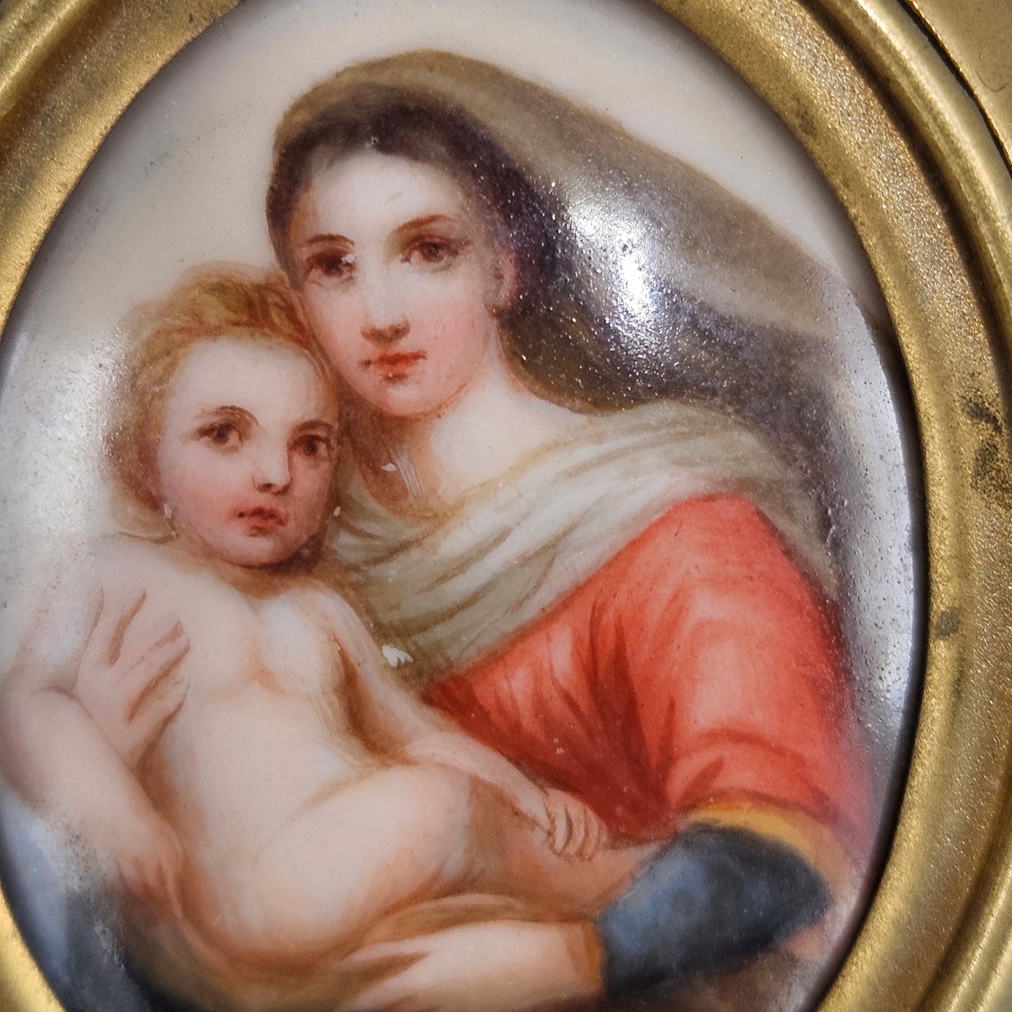 Miniature Painting on Porcelain After Raphael "Sistine Madonna"