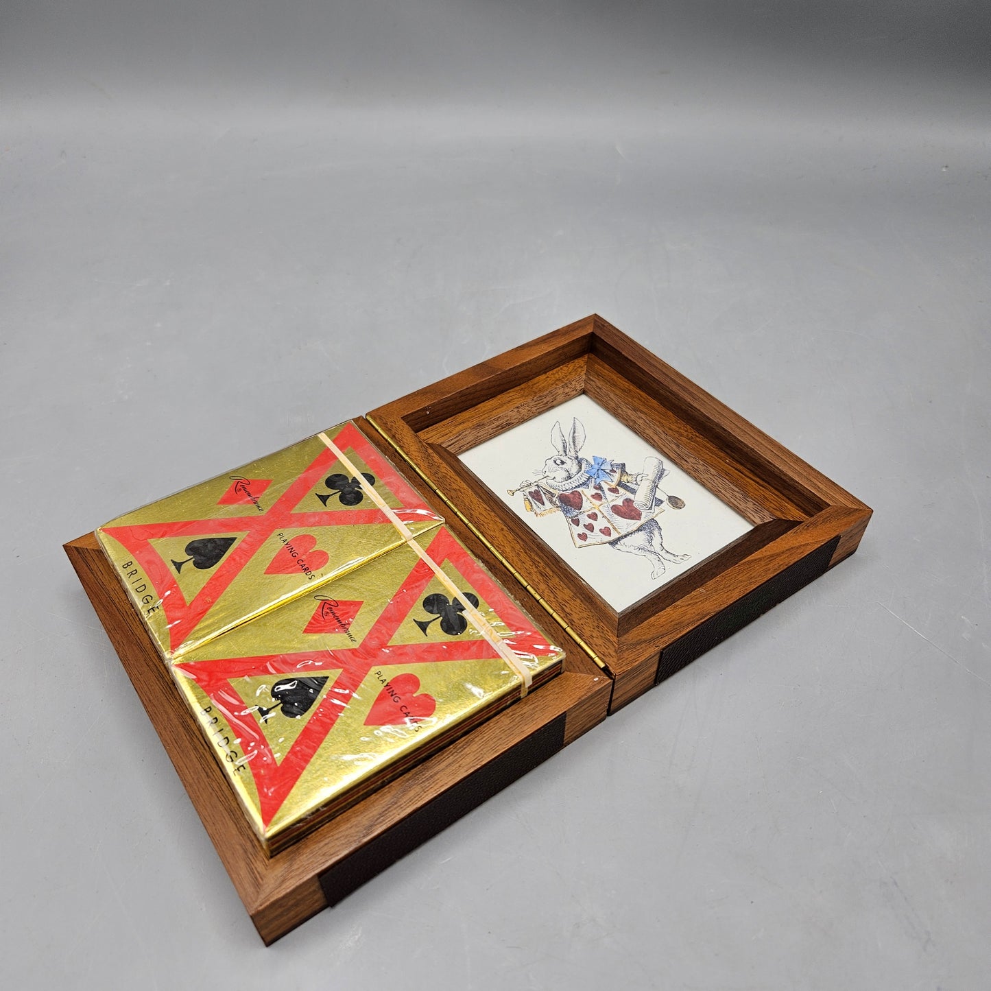 Marquetry Playing Card Box with John Tenniel White Rabbit Illustration and Bridge Cards