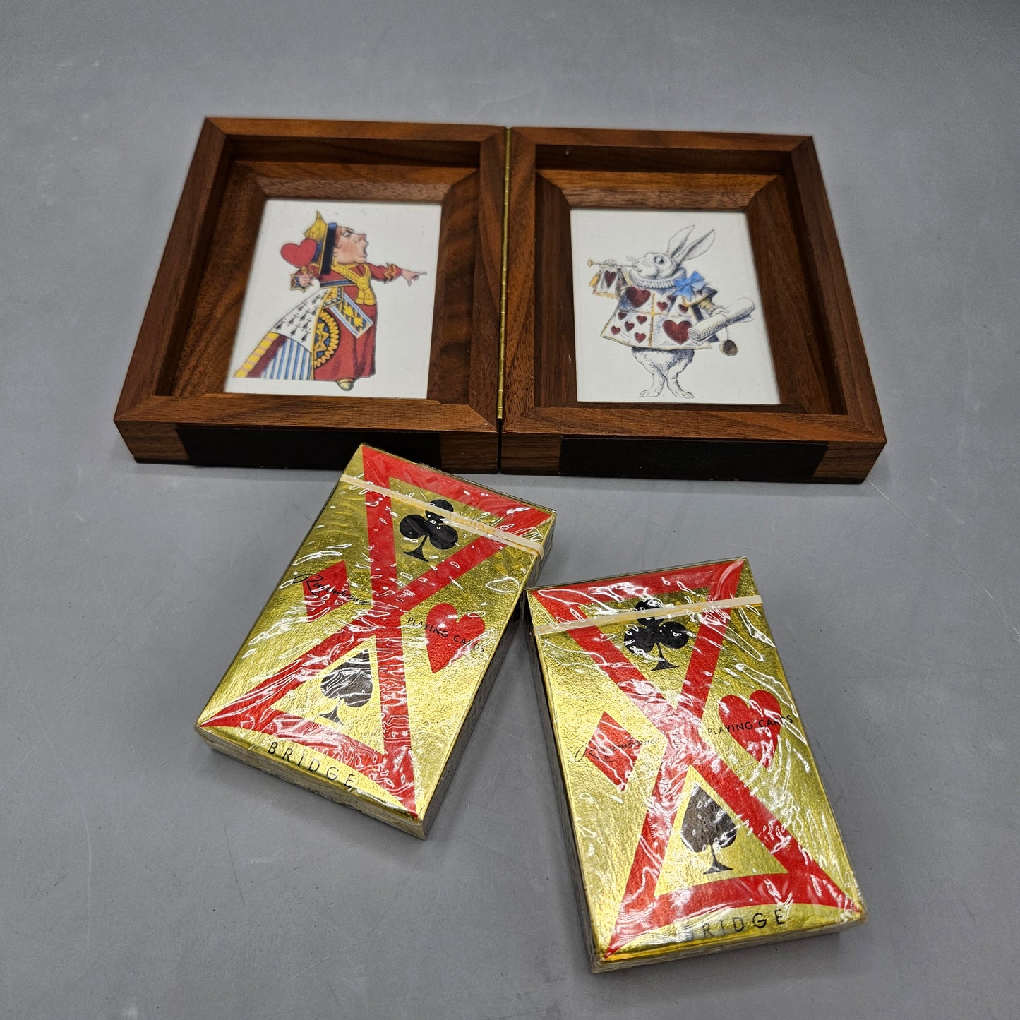 Marquetry Playing Card Box with John Tenniel White Rabbit Illustration and Bridge Cards