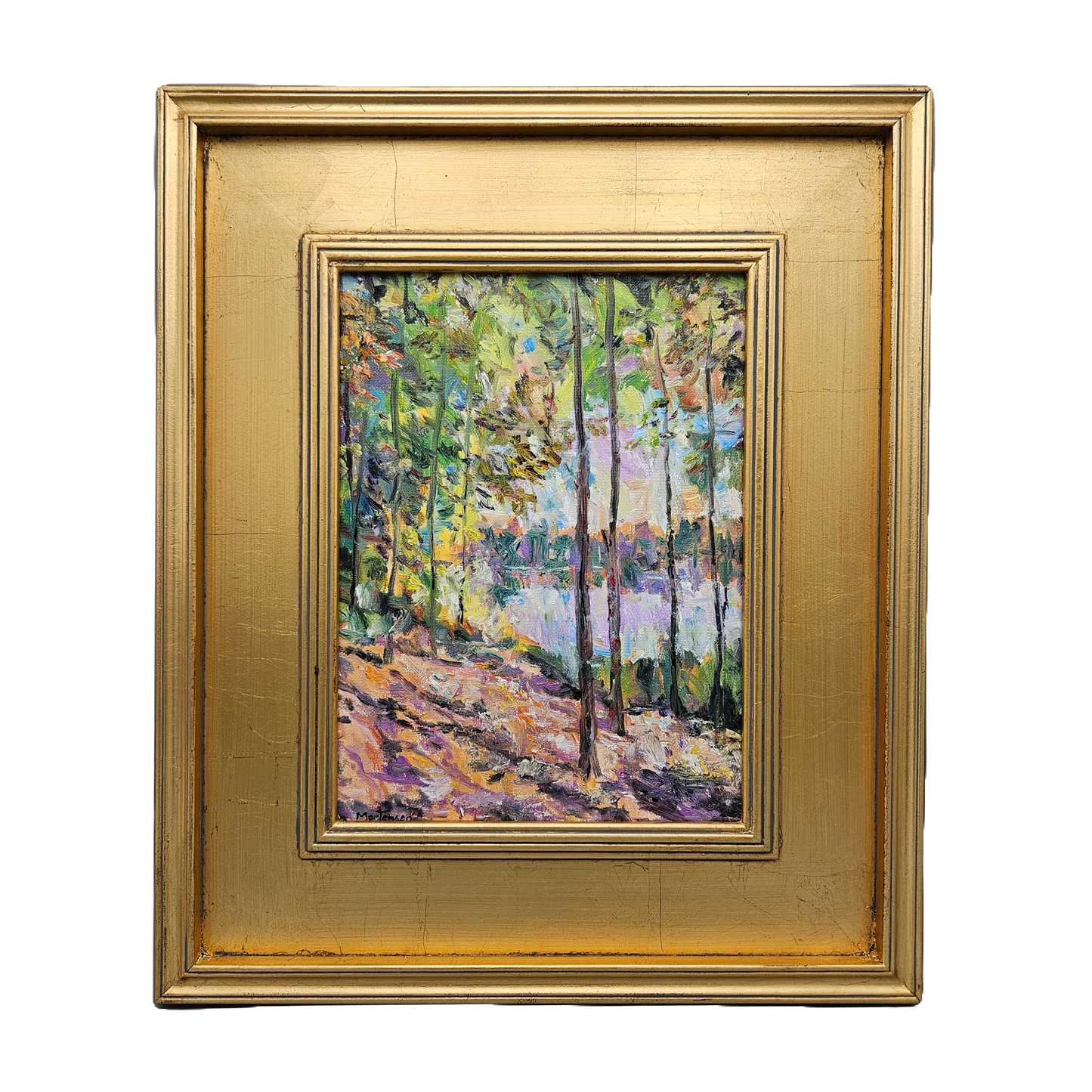 Impressionist Oil on Board Painting Lake Landscape with Trees