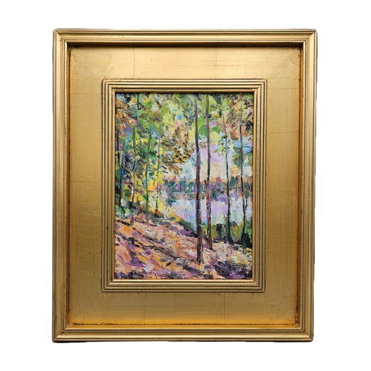 Impressionist Oil on Board Painting Lake Landscape with Trees