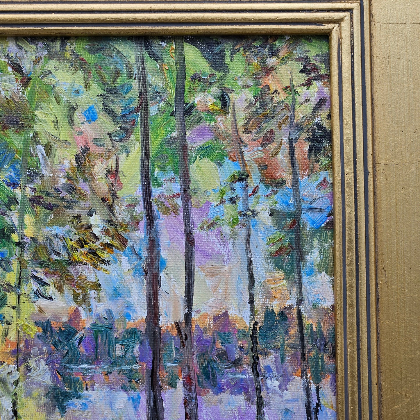 Impressionist Oil on Board Painting Lake Landscape with Trees