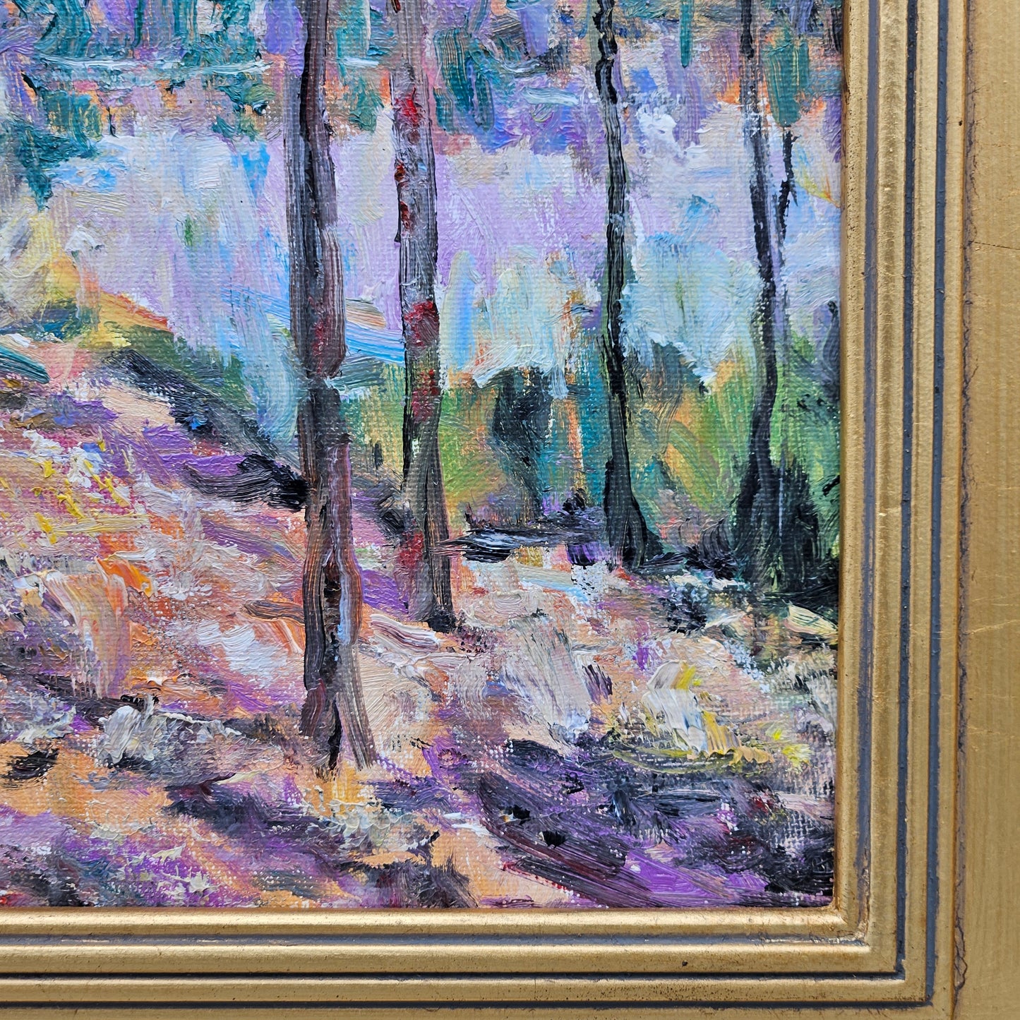 Impressionist Oil on Board Painting Lake Landscape with Trees