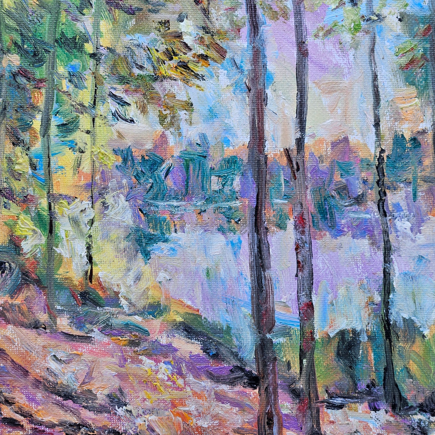 Impressionist Oil on Board Painting Lake Landscape with Trees