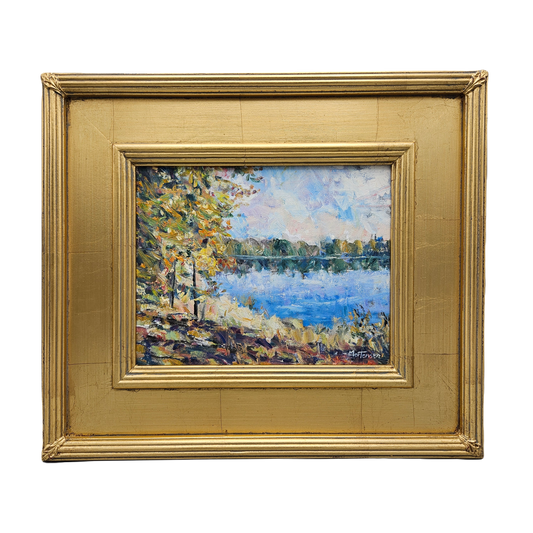 Impressionist Oil on Board Painting Lake Landscape