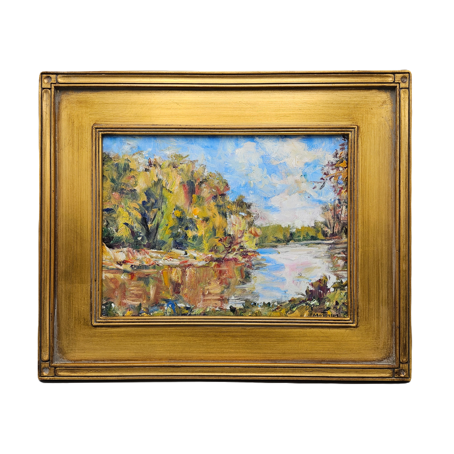 Impressionist Oil on Board Painting Lake Landscape