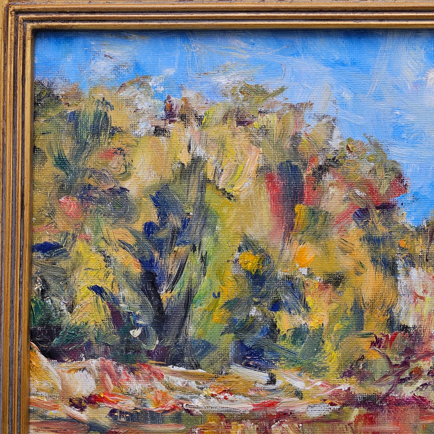 Impressionist Oil on Board Painting Lake Landscape