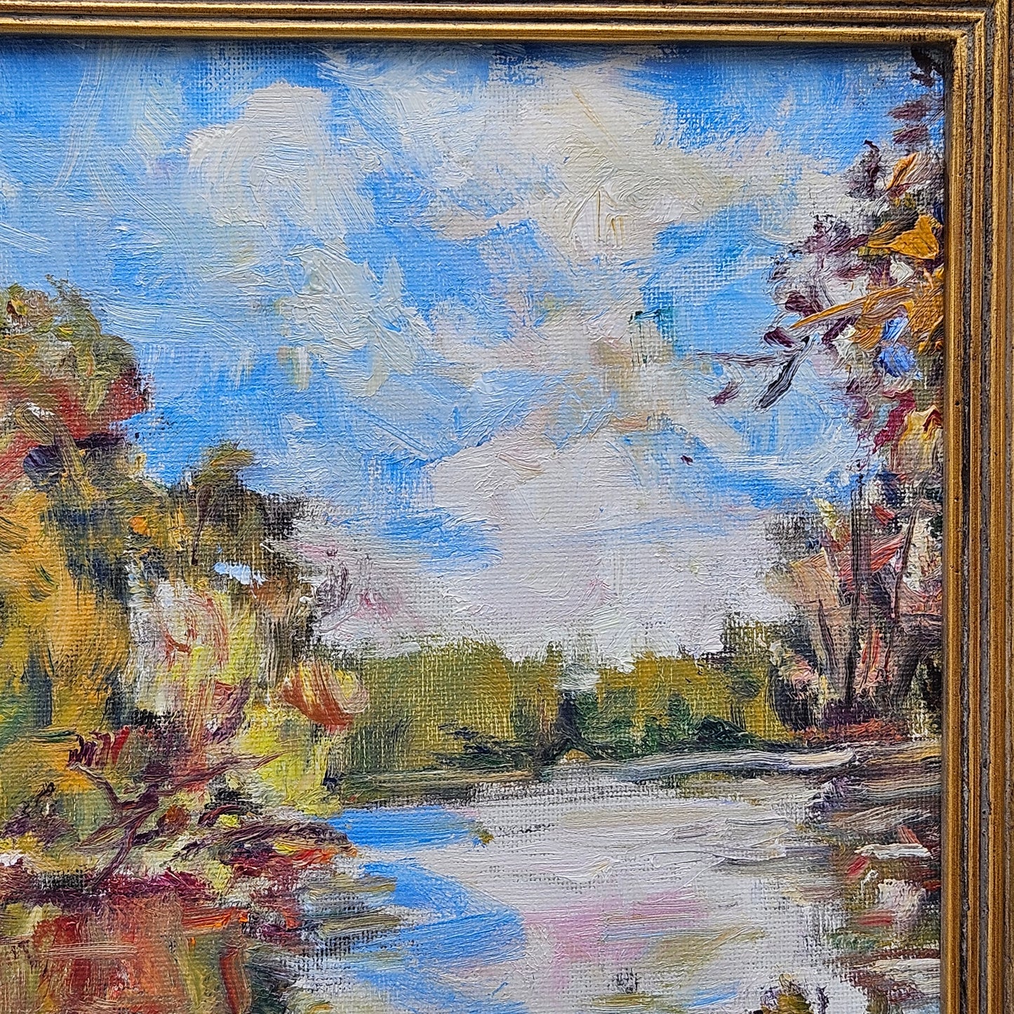 Impressionist Oil on Board Painting Lake Landscape