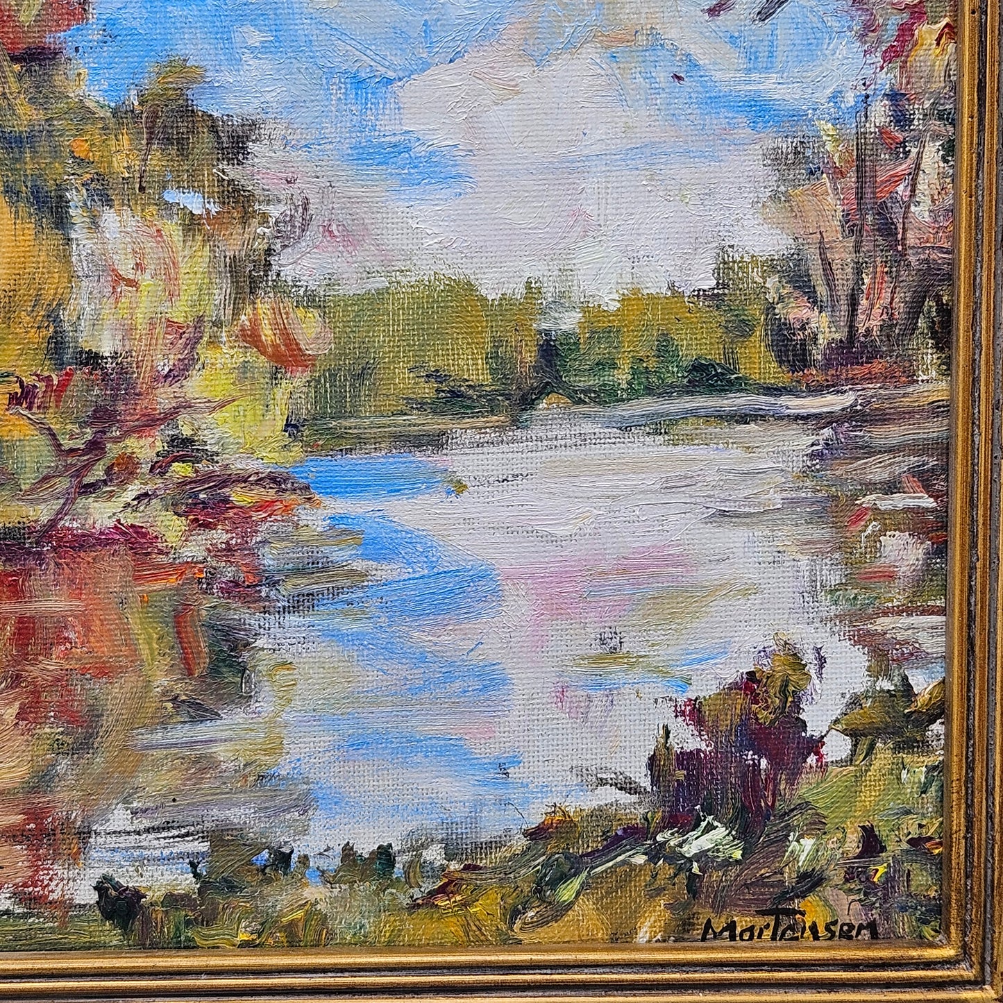 Impressionist Oil on Board Painting Lake Landscape