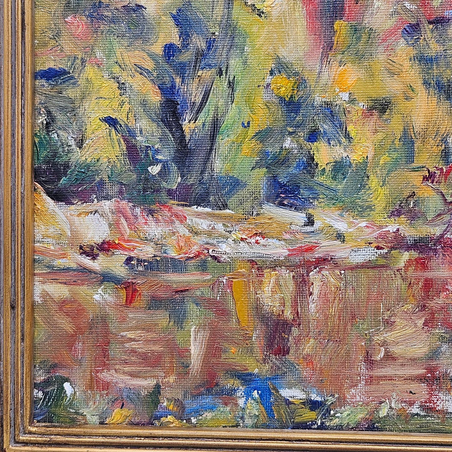 Impressionist Oil on Board Painting Lake Landscape