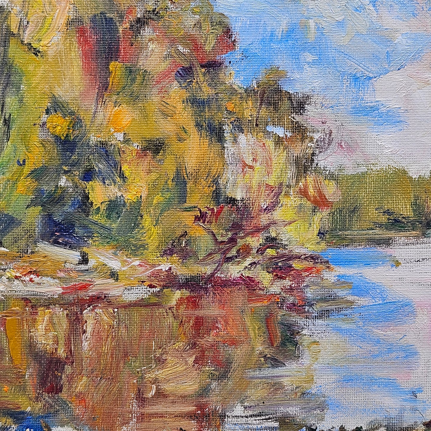 Impressionist Oil on Board Painting Lake Landscape