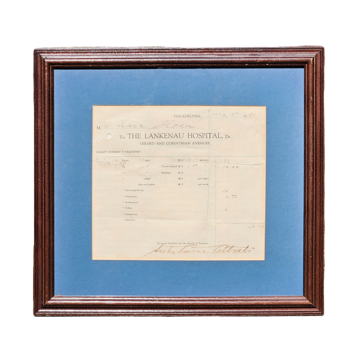 Framed Artwork - Lankenau Hospital 1901 Delivery Bill