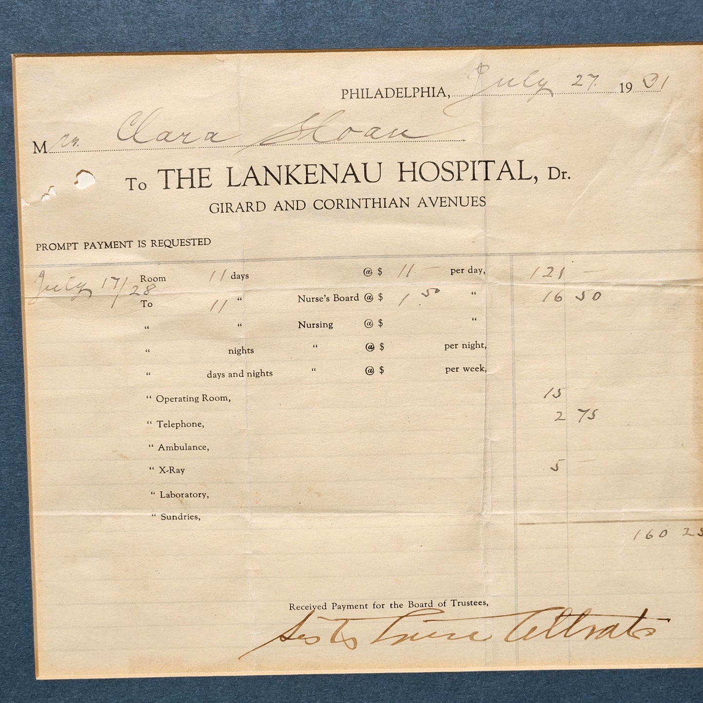 Framed Artwork - Lankenau Hospital 1901 Delivery Bill