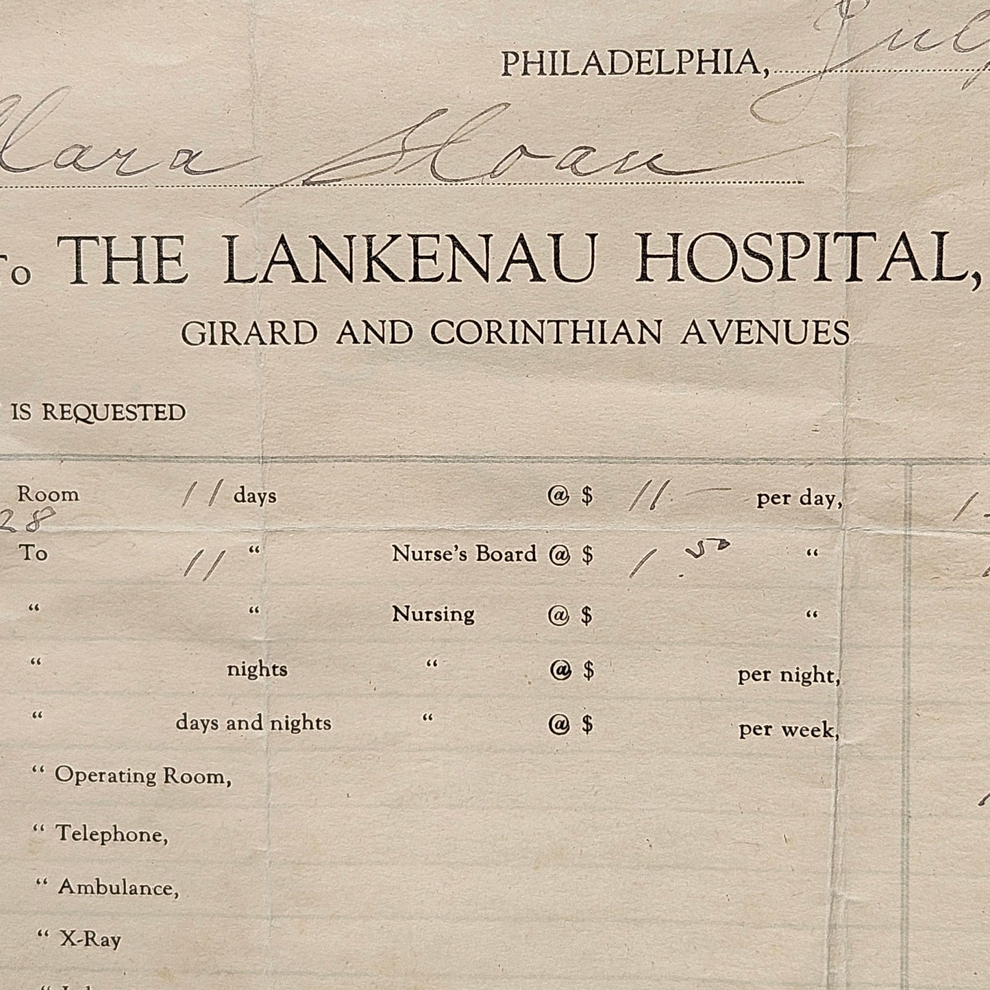 Framed Artwork - Lankenau Hospital 1901 Delivery Bill