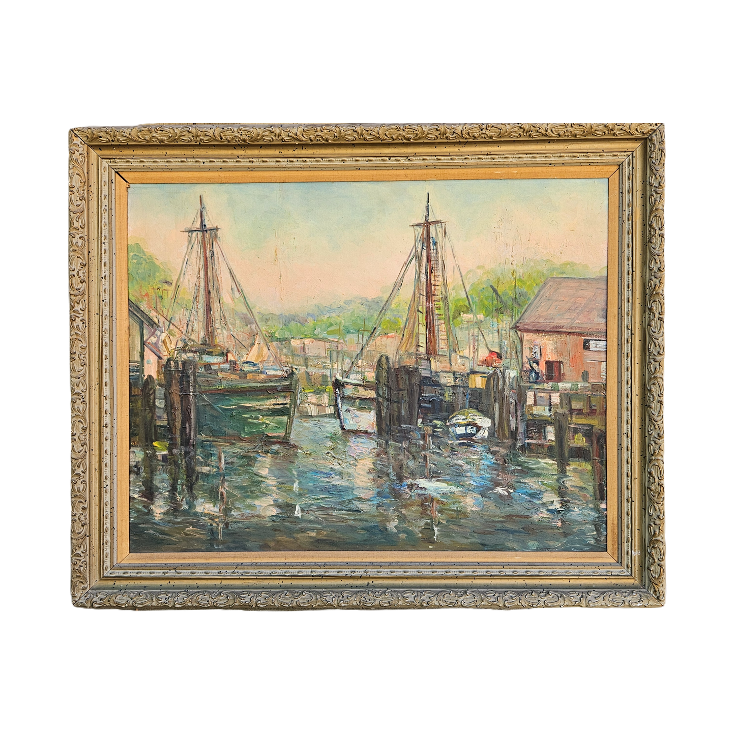 Oil on Board Painting Sailing Ships in Harbor