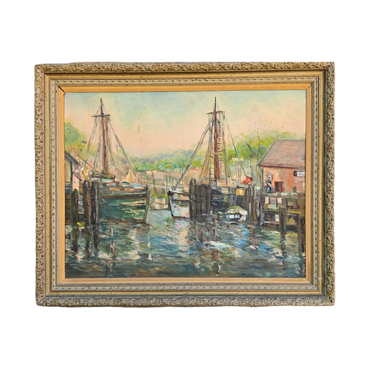 Oil on Board Painting Sailing Ships in Harbor