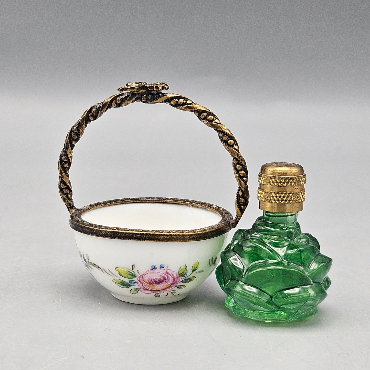 Vintage Limoges La Gloriette Floral Basket with Wired Handle & Scent Bottle