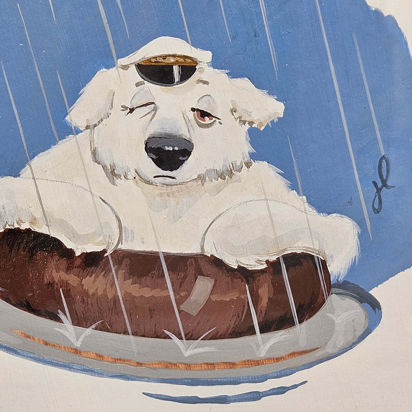 John Laughlin Gouache Damp Polar Bear in Captains Hat