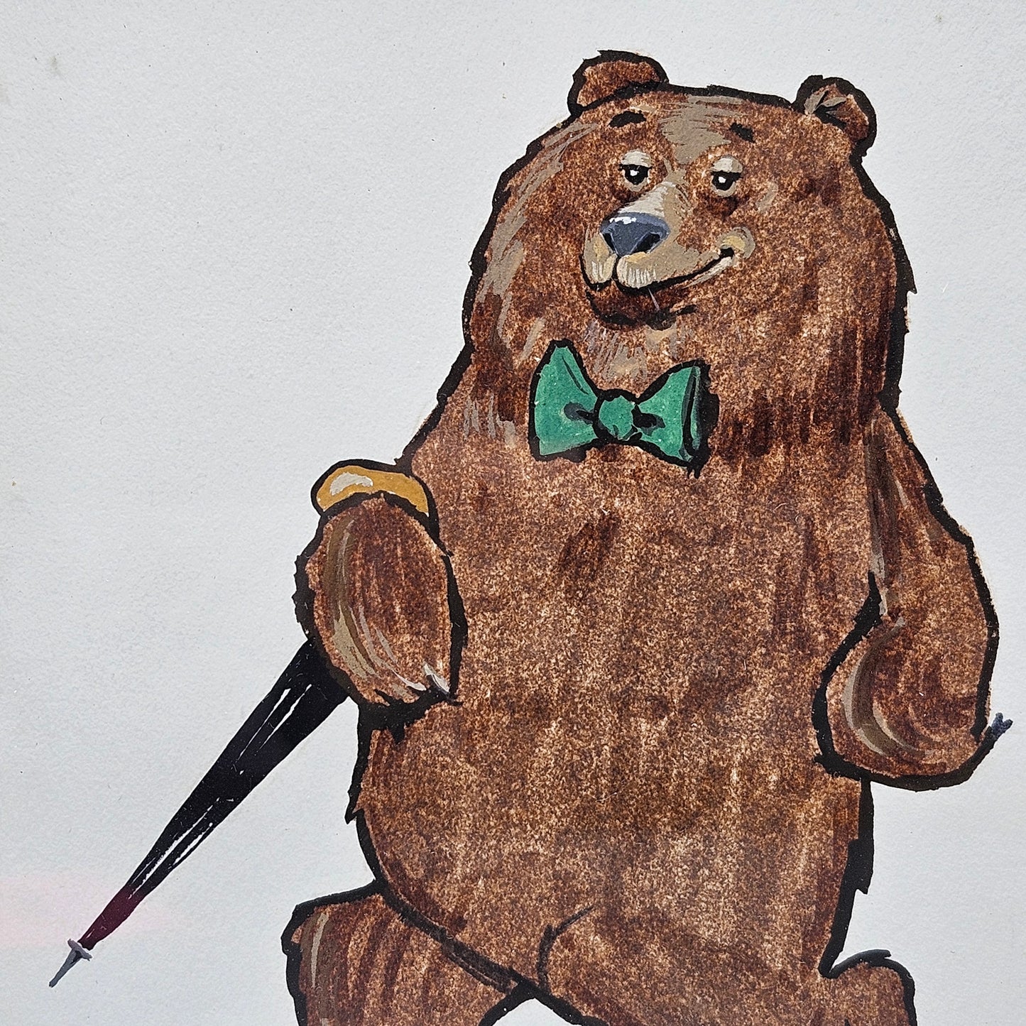 John Laughlin Gouache Strolling Bear with Umbrella and Bow Tie