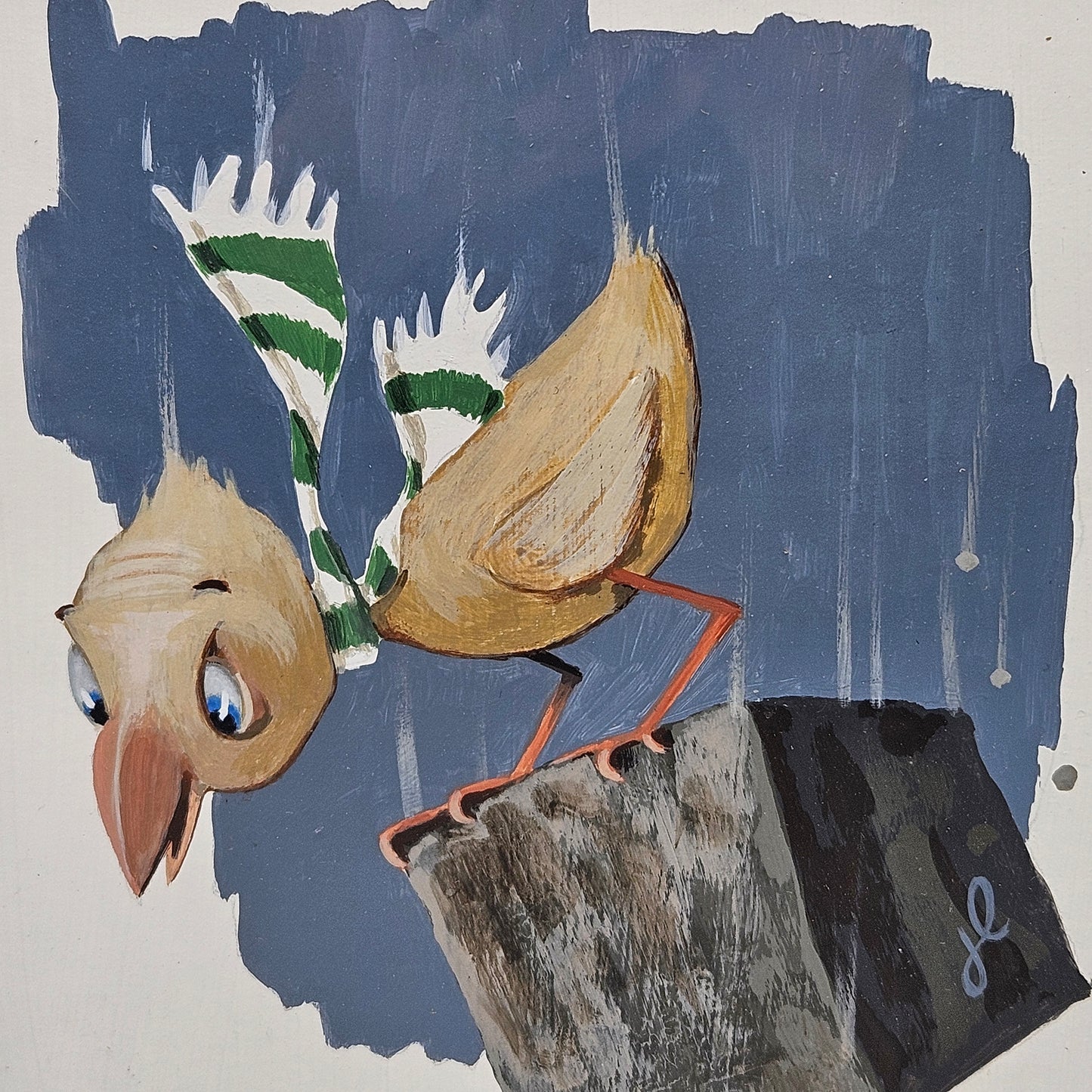 John Laughlin Gouache Fledging Bird with Falling Block