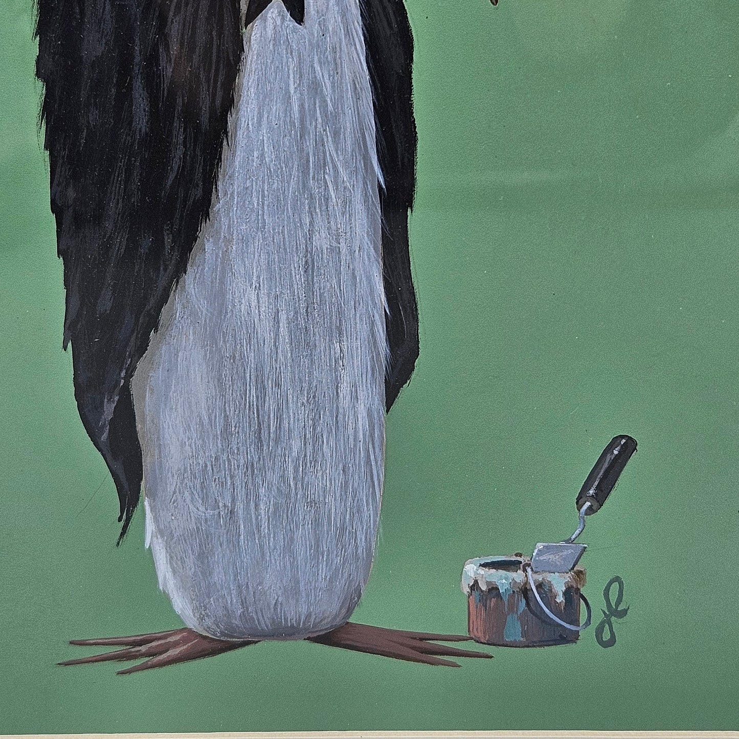 John Laughlin Gouache Stork in Tuxedo with Plaster Bucket