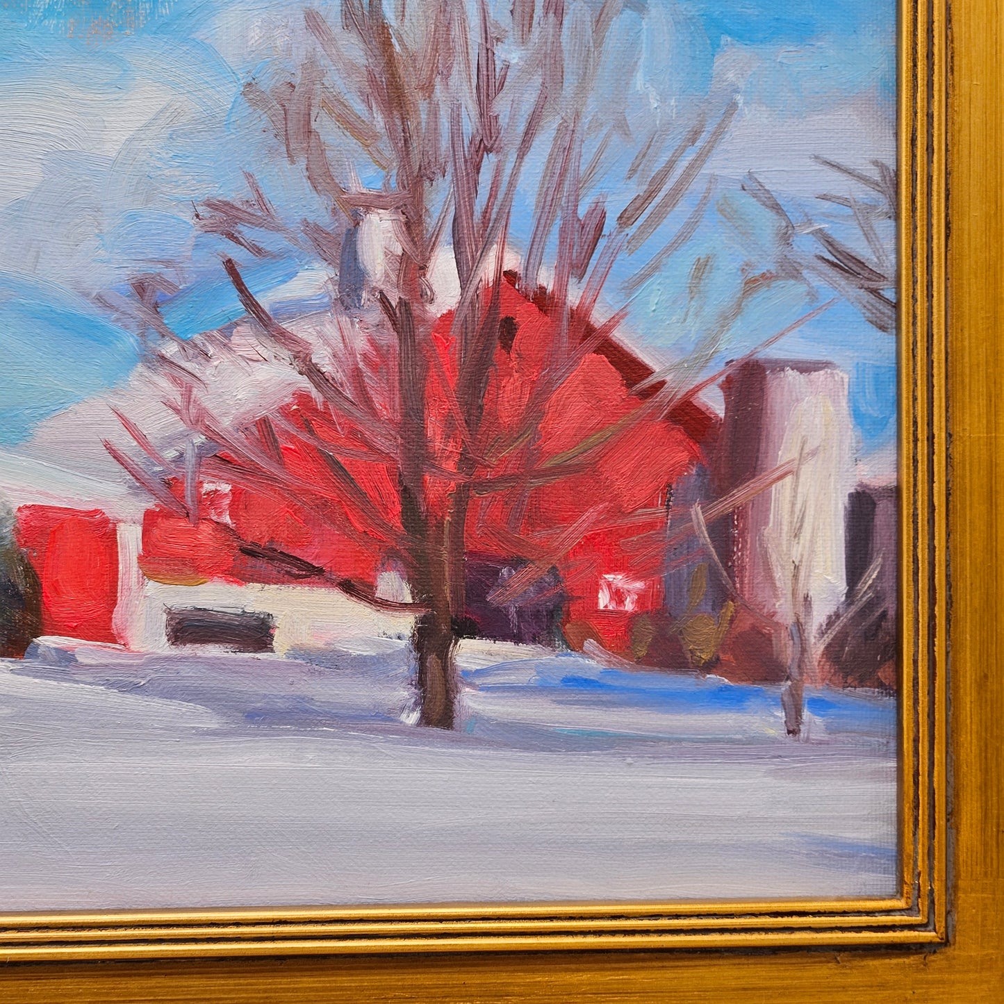 Original Signed Snowy Landscape Painting with Barns