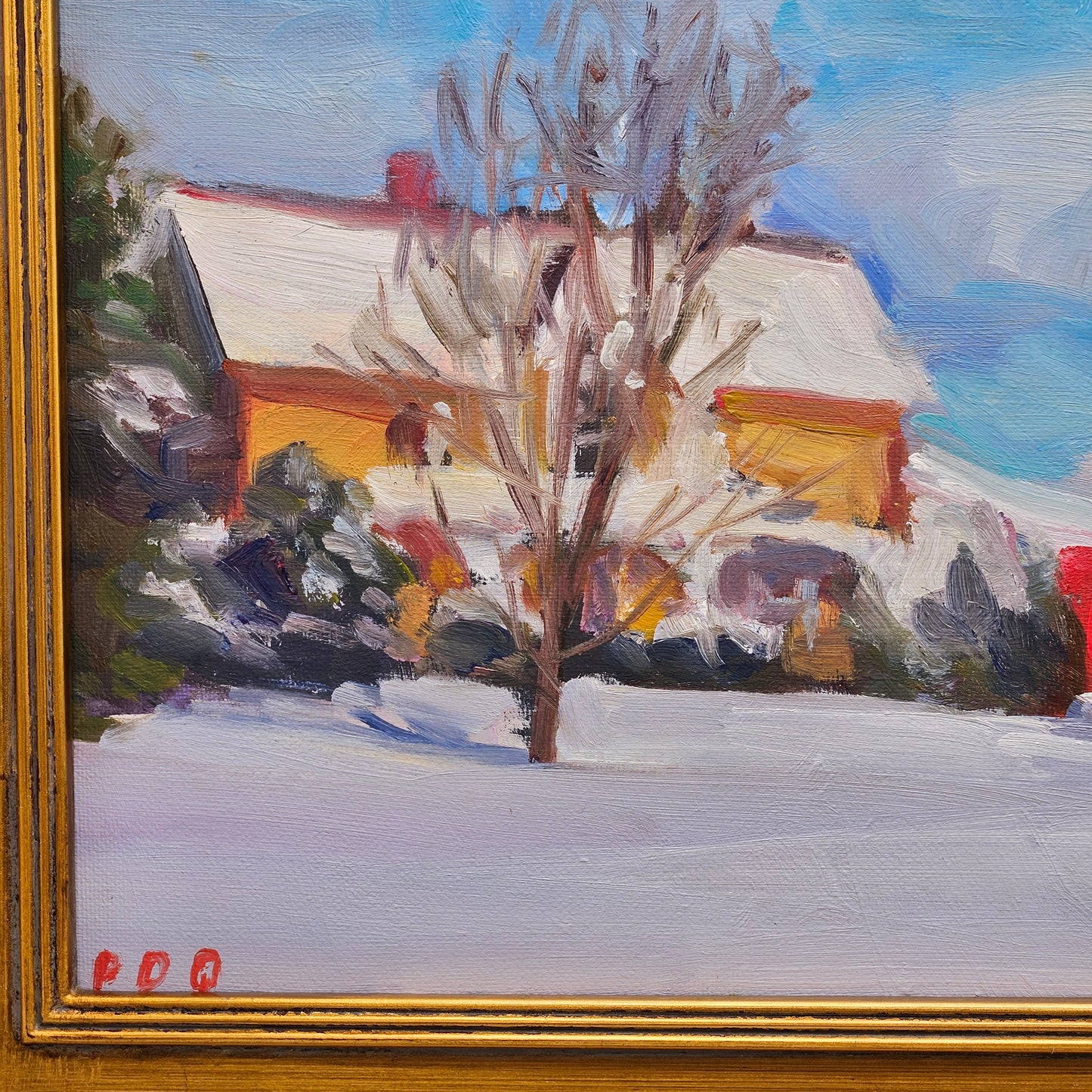 Original Signed Snowy Landscape Painting with Barns