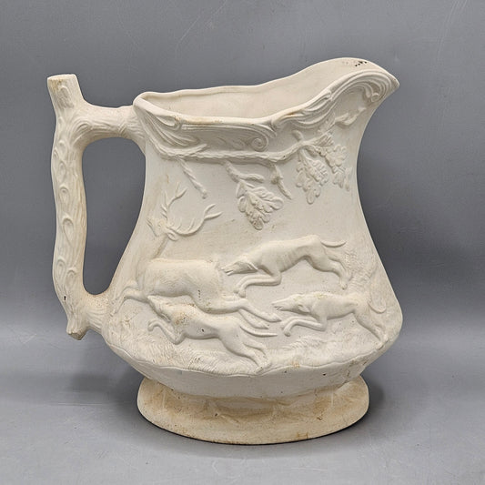 Bisque Pottery Pottery Jug with Hunt Scene