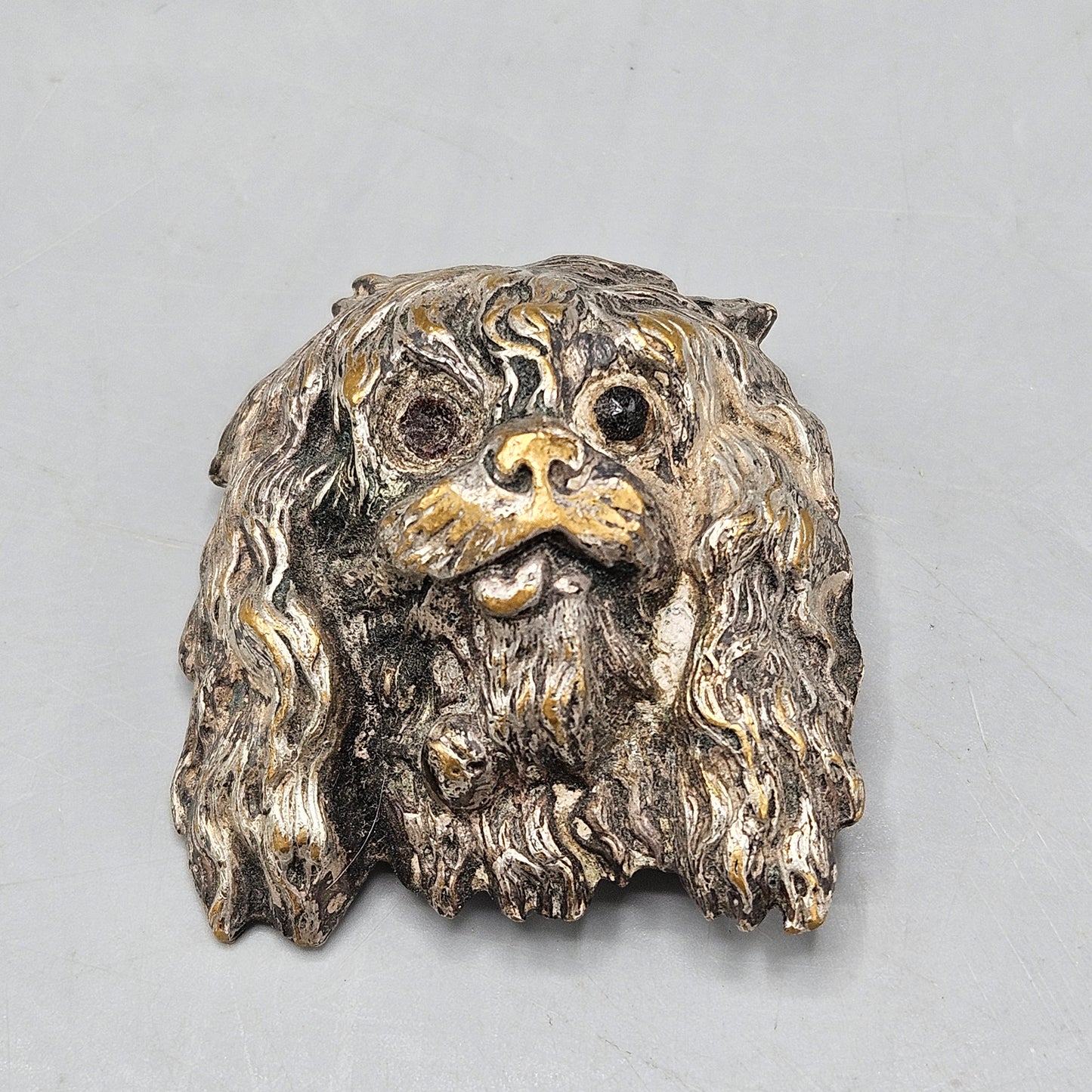 Antique Silverplate Repoussé Spaniel Dog Head Brooch