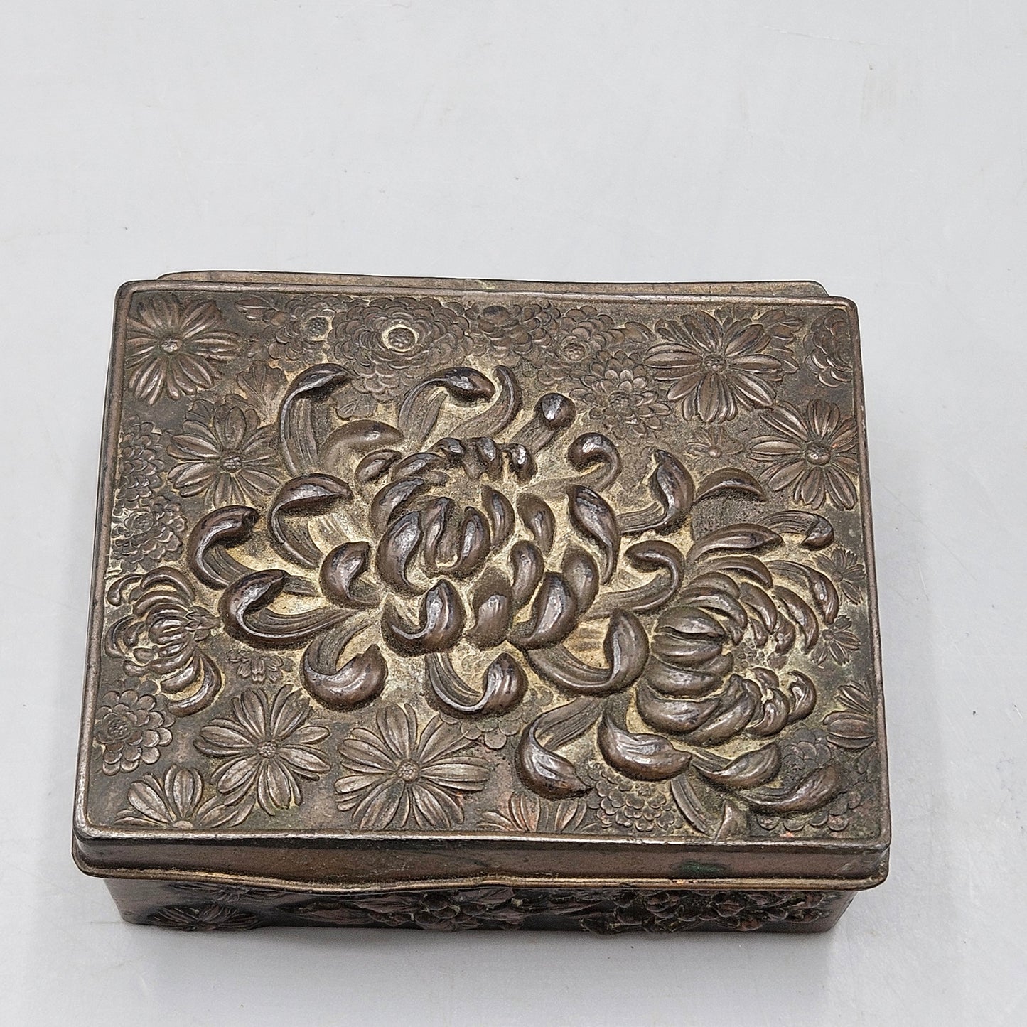 Antique Japanese Silvered Bronze Chrysanthemum Box