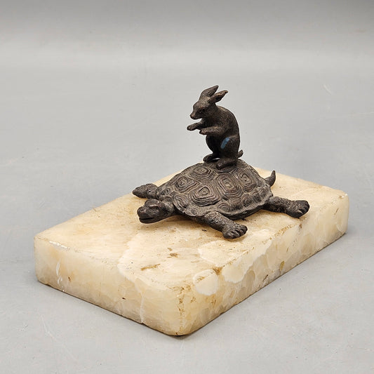 Antique Bronze and Marble Tortoise and Hare Paperweight