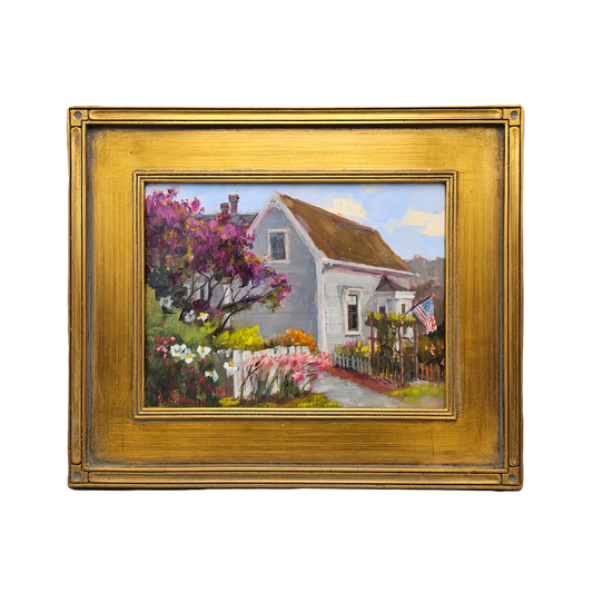 Deborah Newman Original Painting of Charming Home with American Flag