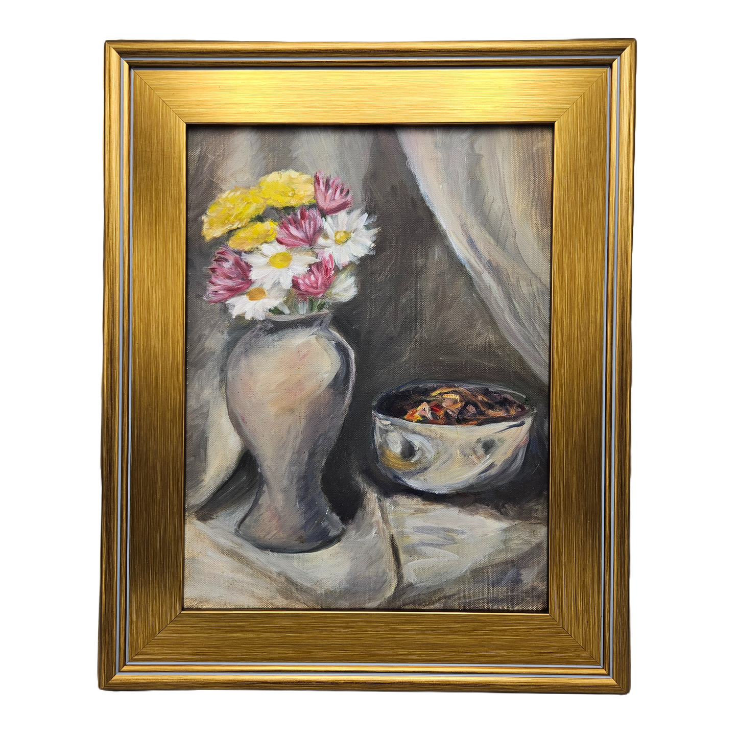 Vintage Still Life Modernist Painting on Canvas with Flowers