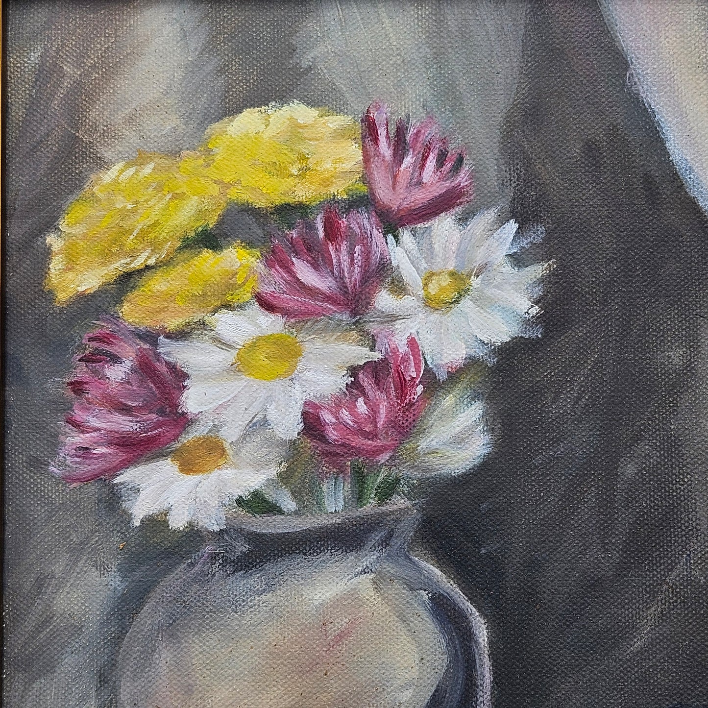 Vintage Still Life Modernist Painting on Canvas with Flowers