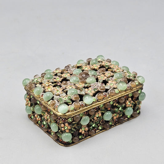 Vintage Brass & Enamel Trinket Box with Glass Jewels