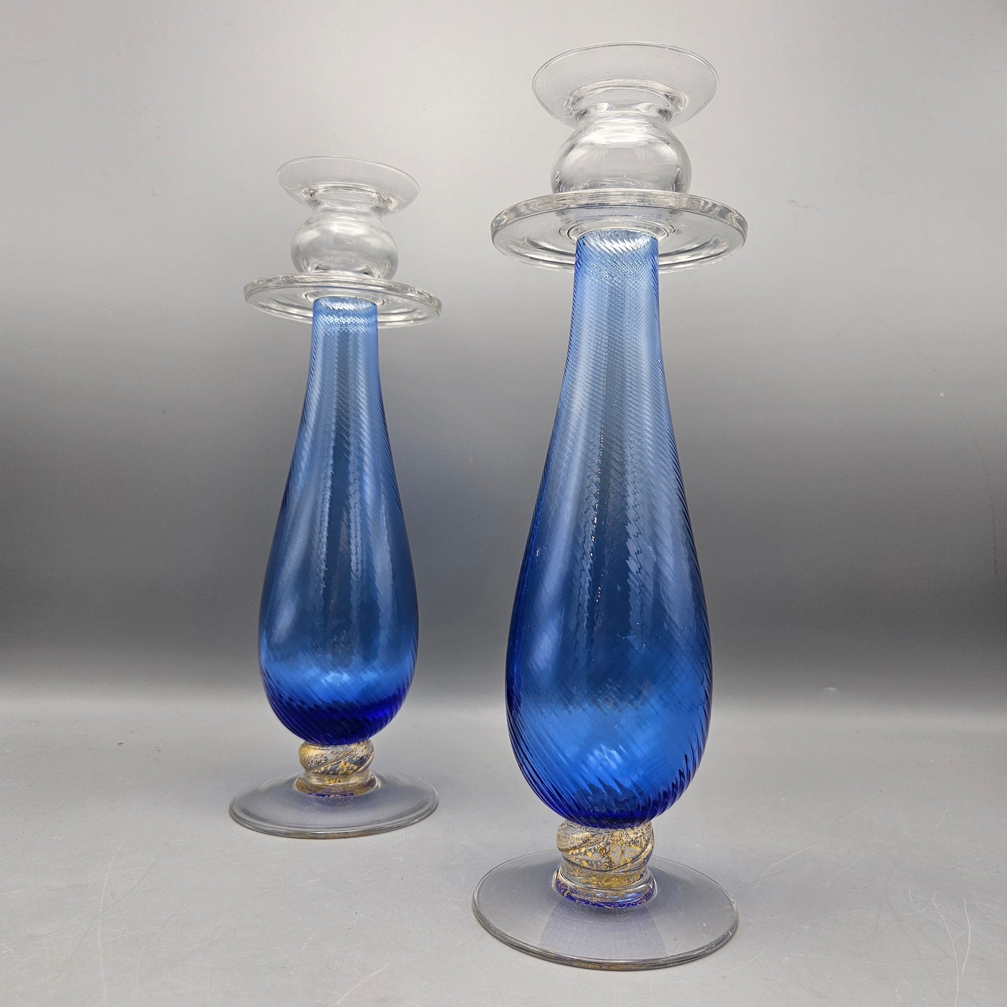 Pair Handblown Blue & Crystal Italian Glass Candlesticks